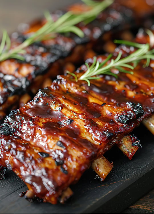 Close-up of glazed barbecue ribs garnished with fresh rosemary, served on a dark wooden board. The ribs are caramelized, slightly charred, and appear tender and juicy.