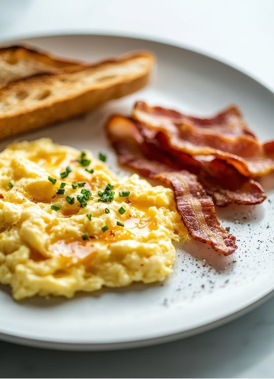A plate with scrambled eggs topped with chopped chives, crispy bacon strips, and a slice of toasted bread on a white surface.