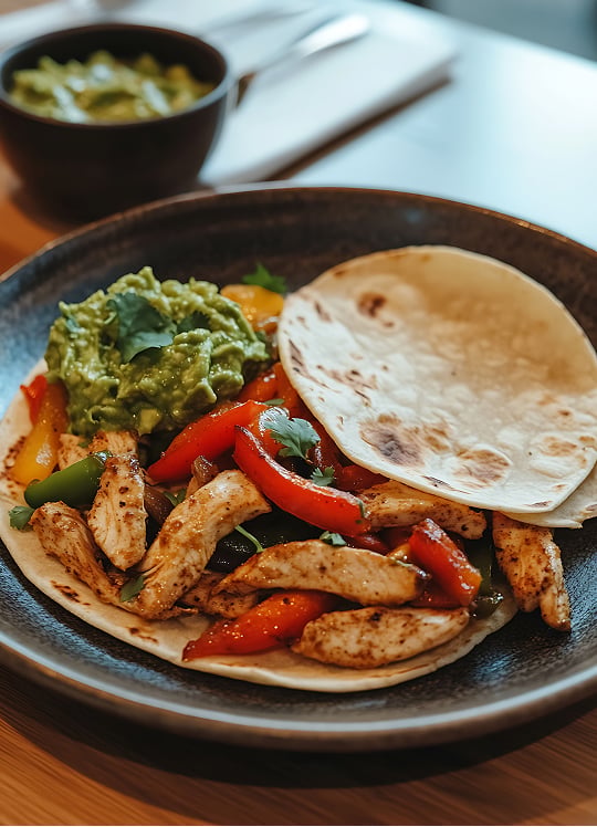 A plate of chicken fajitas with grilled chicken strips, bell peppers, and onions on a flour tortilla, topped with a scoop of guacamole. A bowl of guacamole and cutlery are blurred in the background.