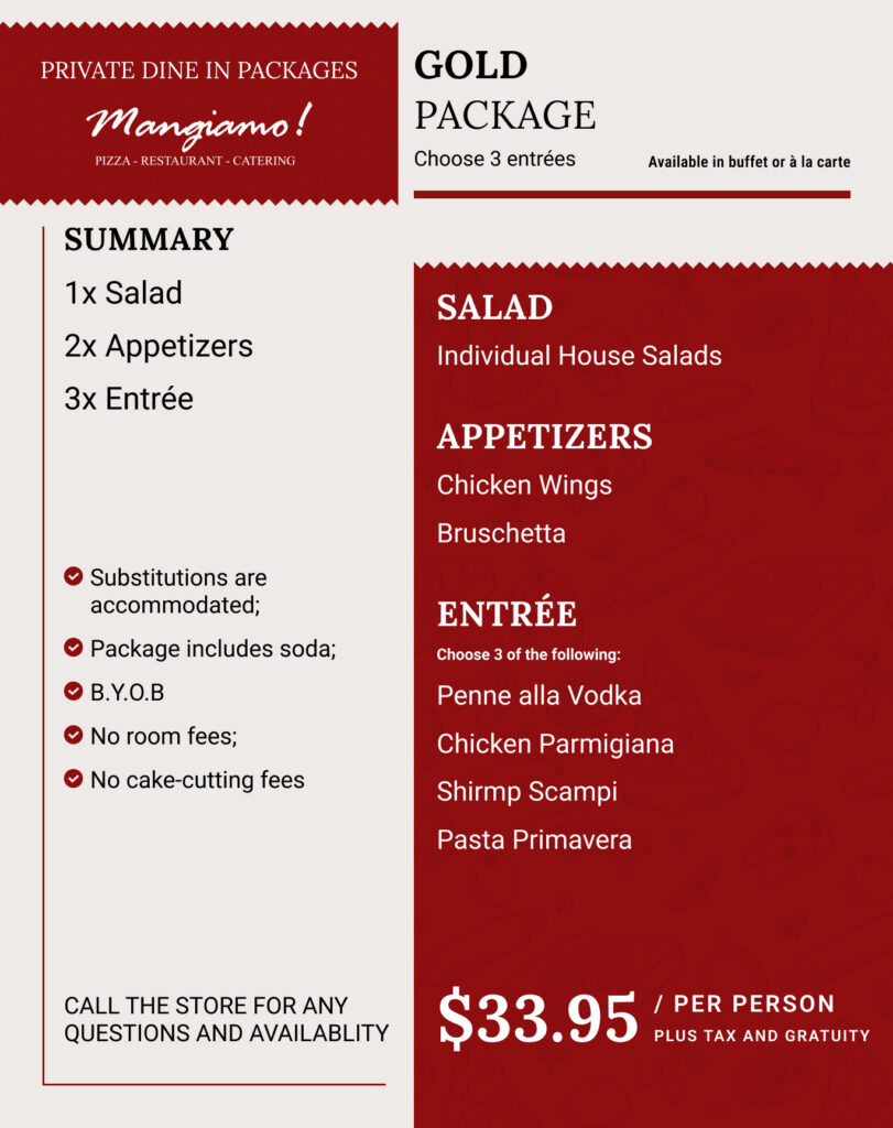 An Italian restaurant catering menu offers a Gold Package with 1 salad, 2 appetizers, and 3 entrées for $33.95 per person. Menu options are listed, and details about substitutions, drinks, and policies are shown.