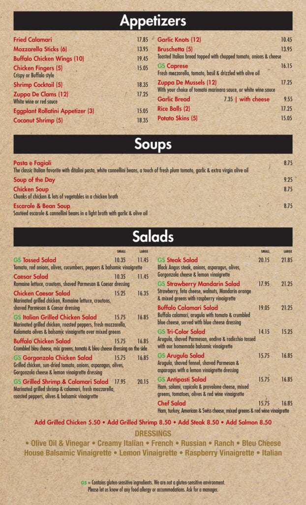 Menu section listing appetizers, soups, and salads. The background is beige with a subtle texture. Each section details dish names, descriptions, prices, and available dressings, with some items marked gluten-free or vegetarian.