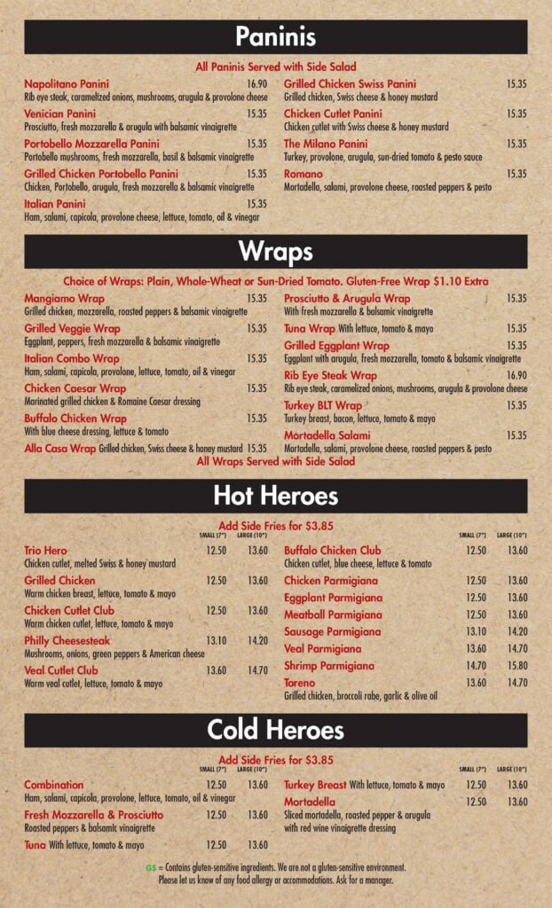 Menu page with sections for Paninis, Wraps, Hot Heroes, and Cold Heroes, listing various sandwich options, descriptions, prices, and notes about gluten-free options and side salad. Background is tan with red and black text.