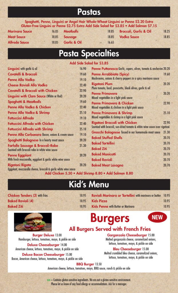 A restaurant menu featuring sections for Pastas, Pasta Specialties, Kid’s Menu, and Burgers. Items include various pasta dishes, chicken tenders, ravioli, and burgers, each with prices and ingredient details.