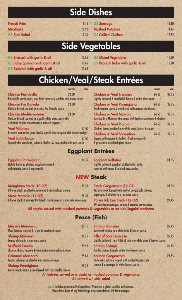 Restaurant menu listing side dishes, vegetables, chicken, veal, steak entrées, eggplant, and fish options with prices. Items include pastas, grilled meats, sautéed vegetables, and special dietary notations.