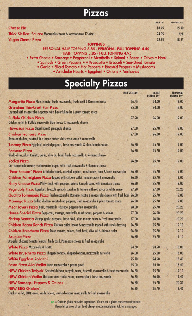 Menu page showing pizza options. The top lists sizes and prices for cheese, thick Sicilian, and vegan cheese pizzas, plus available toppings. Below are specialty pizzas with names, ingredients, sizes, and prices. Beige background.