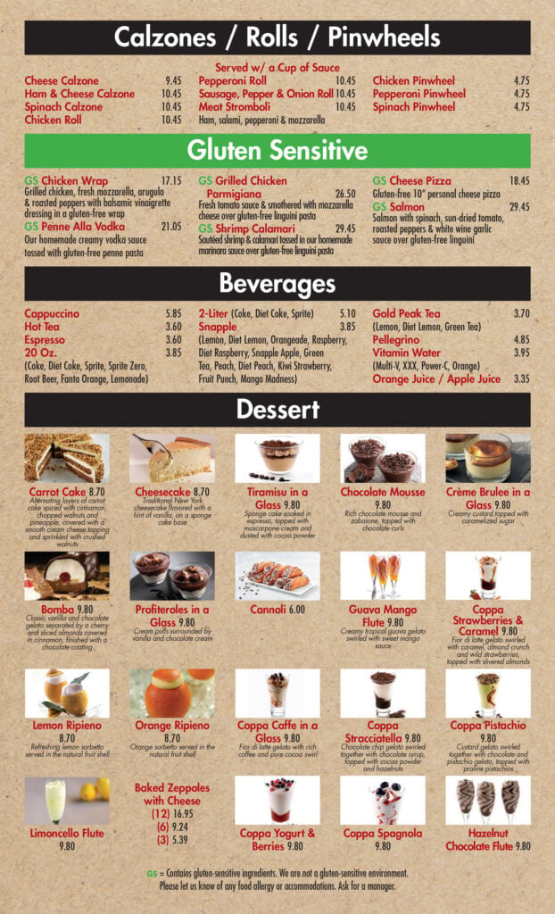 Menu with sections for Calzones/Rolls/Pinwheels, Gluten Sensitive options, Beverages, and Dessert. Includes item names, descriptions, prices, and images of several desserts and drinks on a tan background.