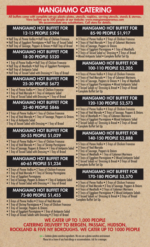 A catering menu titled "Mangiamo Catering" lists hot buffet options for different group sizes, detailing included dishes, pricing, and contact info on a tan background with red headings and black text.