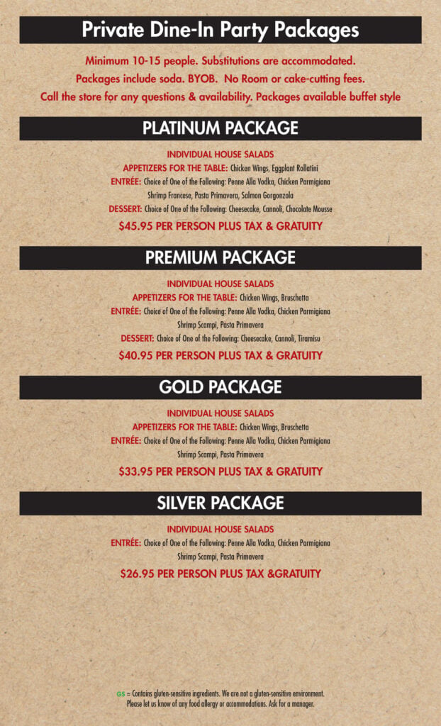 Menu for private dine-in party packages with four options—Platinum, Premium, Gold, Silver—each listing prices, included items (salad, entrée, dessert), and notes on substitutions and policies. Packages serve 10-15 people.