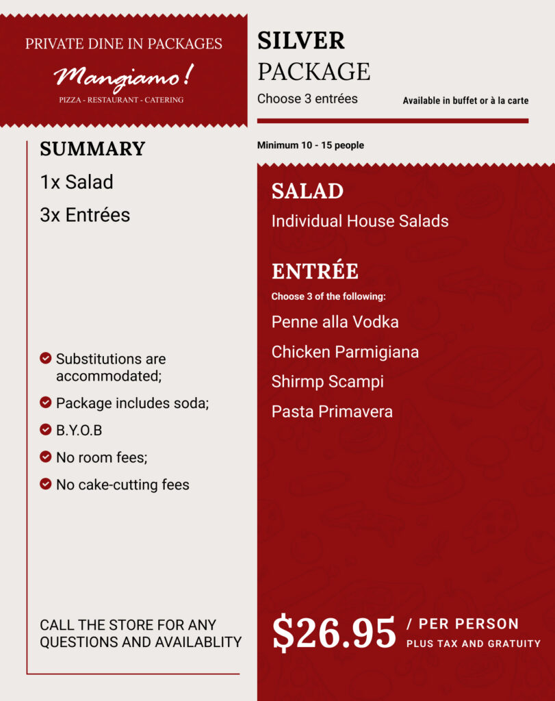 A menu displays the Silver Package for private dining at Mangiamos. It includes 1 salad and 3 entrées for $26.95 per person. Entrée choices: Penne alla Vodka, Chicken Parmigiana, Shrimp Scampi, or Pasta Primavera.