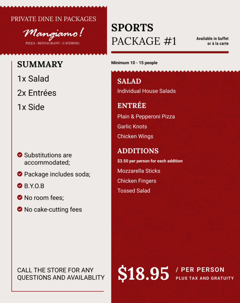 A restaurant menu for a sports package featuring salad, pizza, garlic knots, and chicken wings for $18.95 per person. Includes details on substitutions, BYOB policy, and contact info for private dining.